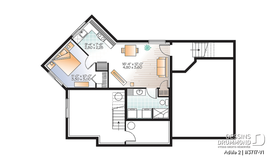 Sous-sol - Plan de maison contemporaine avec appartement au sous-sol, 3 chambres au propriétaire, plafond 9', garage - Adèle 2