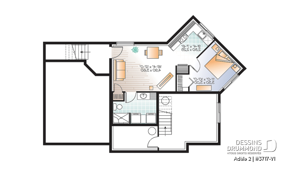 Sous-sol - Plan de maison contemporaine avec appartement au sous-sol, 3 chambres au propriétaire, plafond 9', garage - Adèle 2