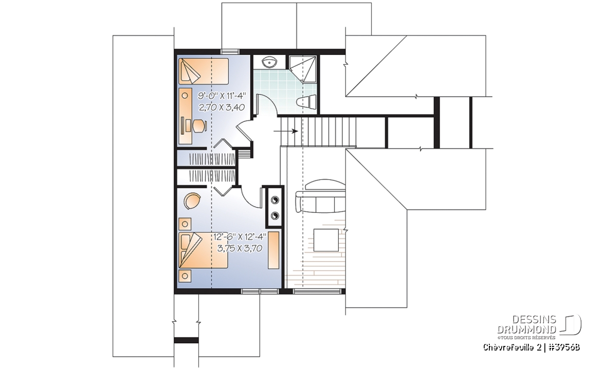 Étage - Plan de chalet ou maison champêtre, 5 chambres, bachelor au sous-sol, mezzanine, coin bureau - Chèvrefeuille 2