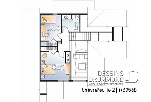 Étage - Plan de chalet ou maison champêtre, 5 chambres, bachelor au sous-sol, mezzanine, coin bureau - Chèvrefeuille 2