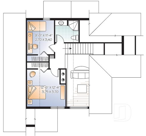 Étage - Plan de chalet ou maison champêtre, 5 chambres, bachelor au sous-sol, mezzanine, coin bureau - Chèvrefeuille 2