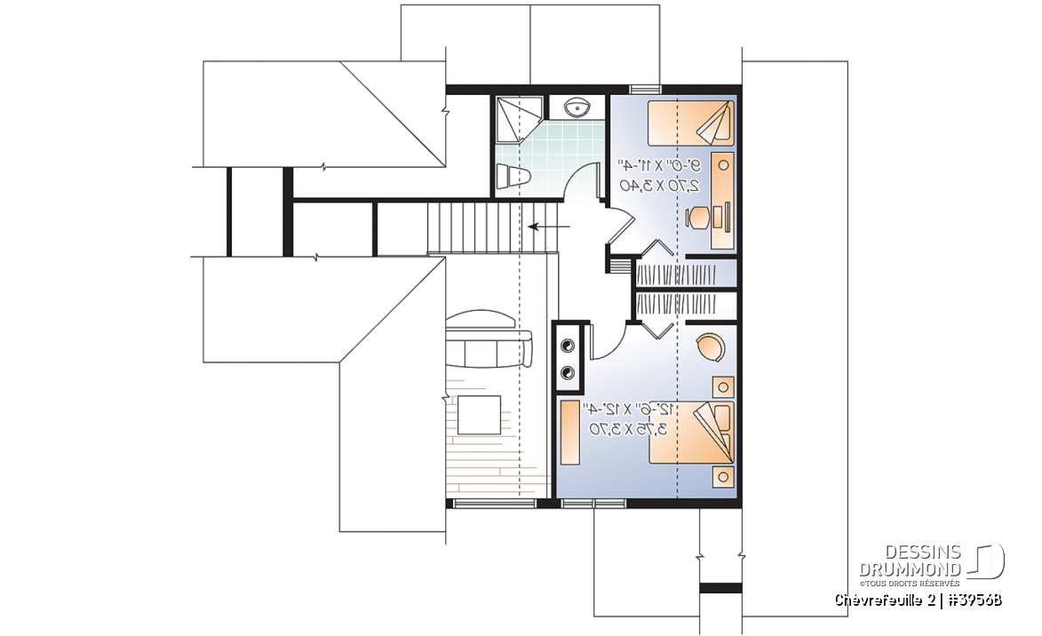Étage - Plan de chalet ou maison champêtre, 5 chambres, bachelor au sous-sol, mezzanine, coin bureau - Chèvrefeuille 2
