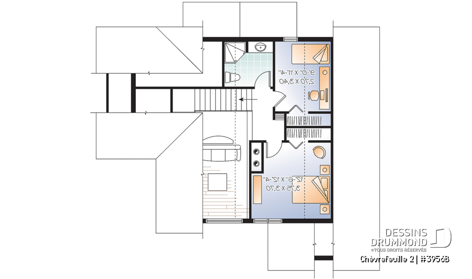 Étage - Plan de chalet ou maison champêtre, 5 chambres, bachelor au sous-sol, mezzanine, coin bureau - Chèvrefeuille 2