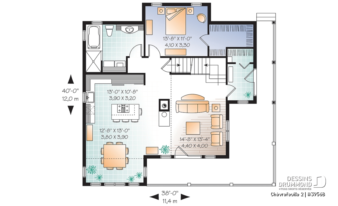 Rez-de-chaussée - Plan de chalet ou maison champêtre, 5 chambres, bachelor au sous-sol, mezzanine, coin bureau - Chèvrefeuille 2