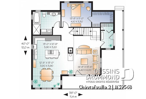 Rez-de-chaussée - Plan de chalet ou maison champêtre, 5 chambres, bachelor au sous-sol, mezzanine, coin bureau - Chèvrefeuille 2