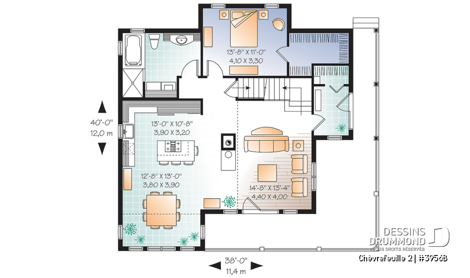 Rez-de-chaussée - Plan de chalet ou maison champêtre, 5 chambres, bachelor au sous-sol, mezzanine, coin bureau - Chèvrefeuille 2