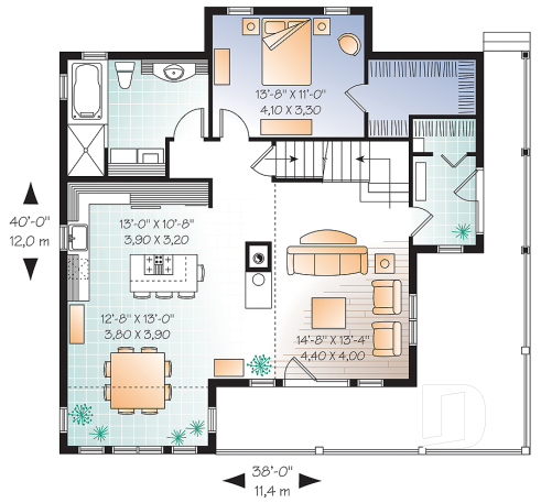 Rez-de-chaussée - Plan de chalet ou maison champêtre, 5 chambres, bachelor au sous-sol, mezzanine, coin bureau - Chèvrefeuille 2