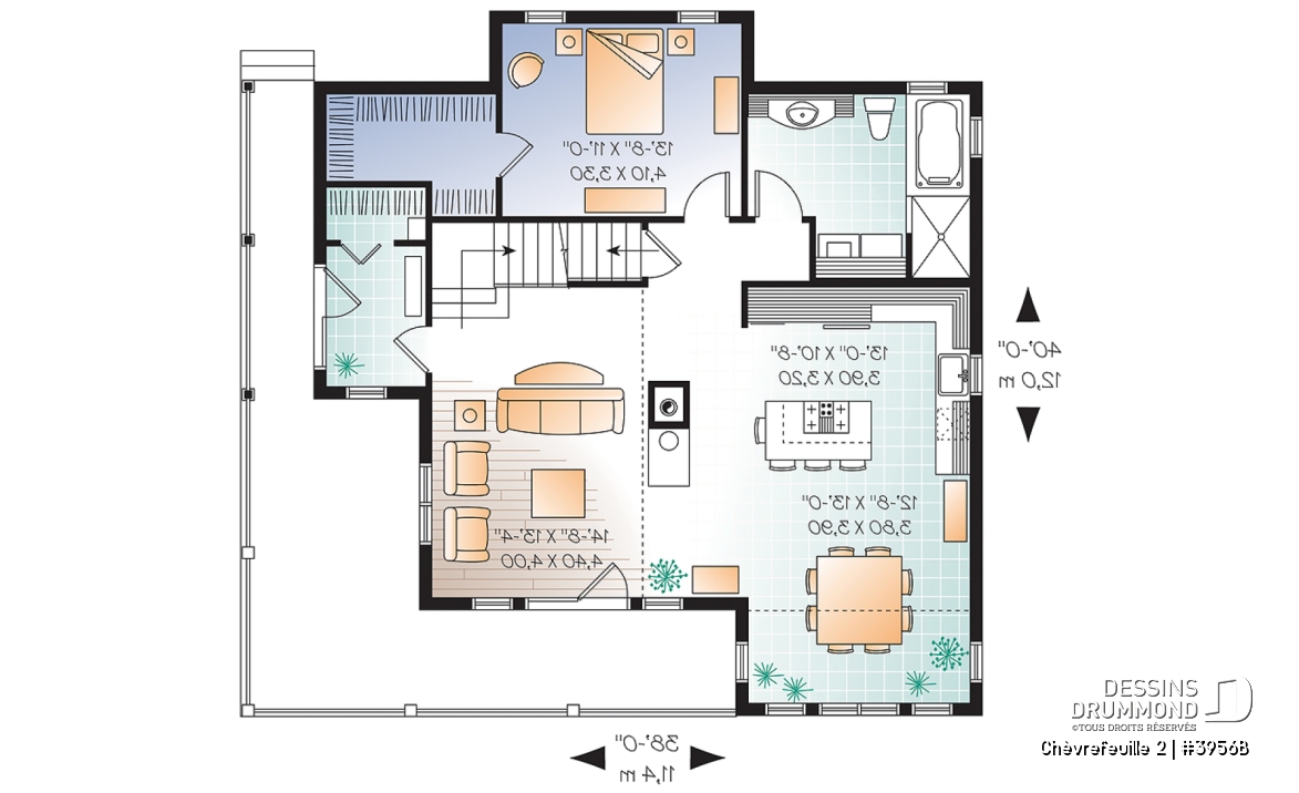 Rez-de-chaussée - Plan de chalet ou maison champêtre, 5 chambres, bachelor au sous-sol, mezzanine, coin bureau - Chèvrefeuille 2