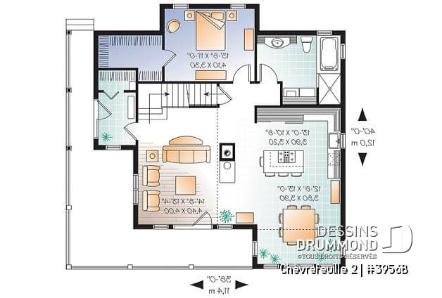 Rez-de-chaussée - Plan de chalet ou maison champêtre, 5 chambres, bachelor au sous-sol, mezzanine, coin bureau - Chèvrefeuille 2