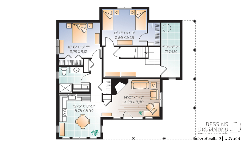 Sous-sol - Plan de chalet ou maison champêtre, 5 chambres, bachelor au sous-sol, mezzanine, coin bureau - Chèvrefeuille 2