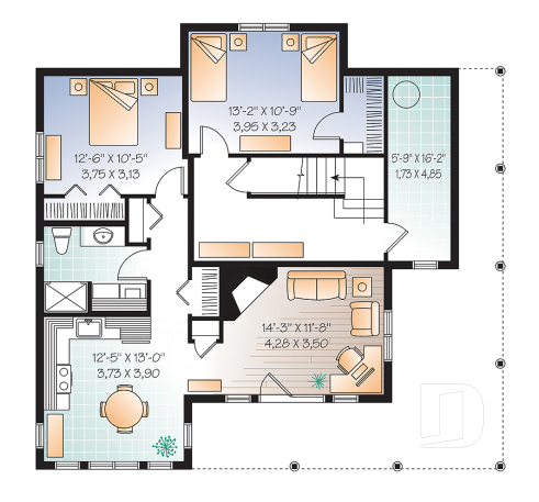 Sous-sol - Plan de chalet ou maison champêtre, 5 chambres, bachelor au sous-sol, mezzanine, coin bureau - Chèvrefeuille 2