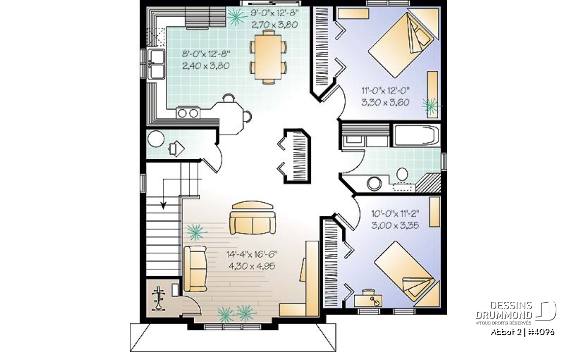 Étage - Plan de duplex,  2 chambres, belle cuisine avec comptoir lunch, rangement, aire ouverte - Abbot 2