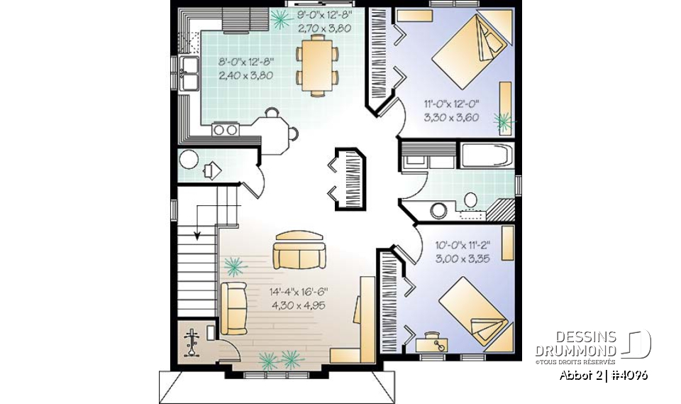 Étage - Plan de duplex,  2 chambres, belle cuisine avec comptoir lunch, rangement, aire ouverte - Abbot 2