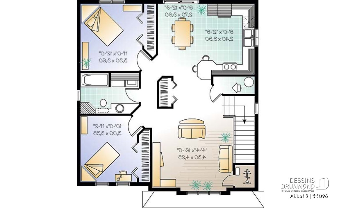 Étage - Plan de duplex,  2 chambres, belle cuisine avec comptoir lunch, rangement, aire ouverte - Abbot 2