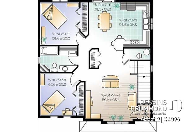 Étage - Plan de duplex,  2 chambres, belle cuisine avec comptoir lunch, rangement, aire ouverte - Abbot 2
