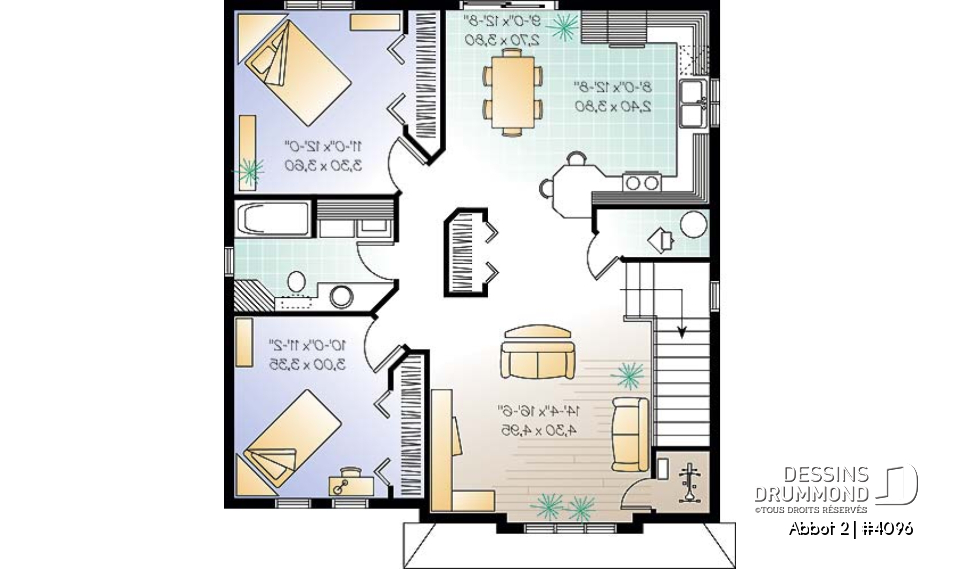 Étage - Plan de duplex,  2 chambres, belle cuisine avec comptoir lunch, rangement, aire ouverte - Abbot 2