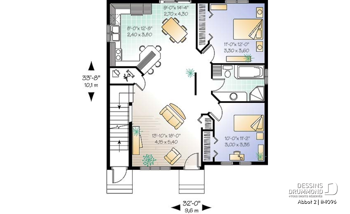 Rez-de-chaussée - Plan de duplex,  2 chambres, belle cuisine avec comptoir lunch, rangement, aire ouverte - Abbot 2