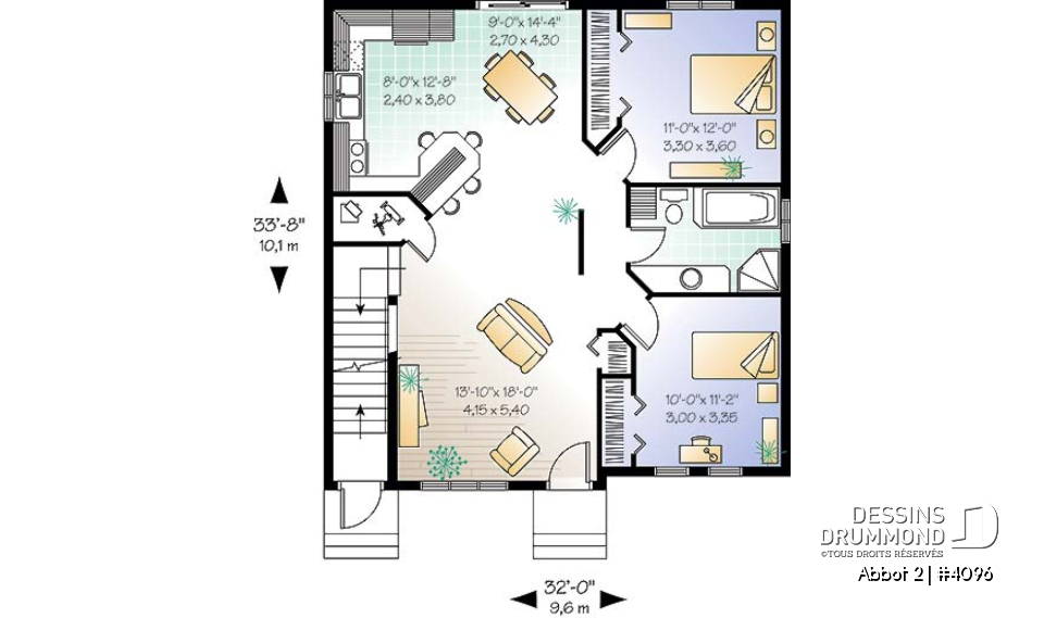 Rez-de-chaussée - Plan de duplex,  2 chambres, belle cuisine avec comptoir lunch, rangement, aire ouverte - Abbot 2
