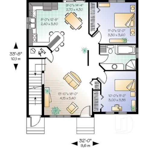 Rez-de-chaussée - Plan de duplex,  2 chambres, belle cuisine avec comptoir lunch, rangement, aire ouverte - Abbot 2