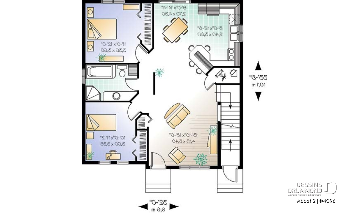 Rez-de-chaussée - Plan de duplex,  2 chambres, belle cuisine avec comptoir lunch, rangement, aire ouverte - Abbot 2