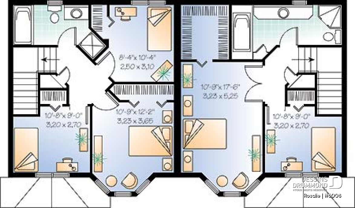 Étage - Plan de semi-détaché à étage, 2 à 3 chambres, 2 s. de bain, style victorien, belle fenestration, garde-manger - Rosalie