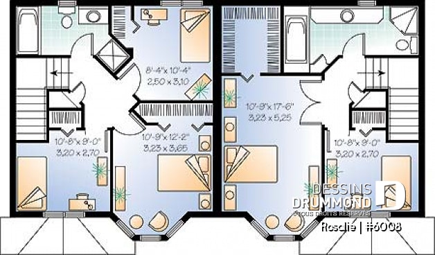 Étage - Plan de semi-détaché à étage, 2 à 3 chambres, 2 s. de bain, style victorien, belle fenestration, garde-manger - Rosalie
