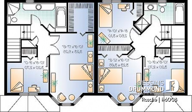 Étage - Plan de semi-détaché à étage, 2 à 3 chambres, 2 s. de bain, style victorien, belle fenestration, garde-manger - Rosalie