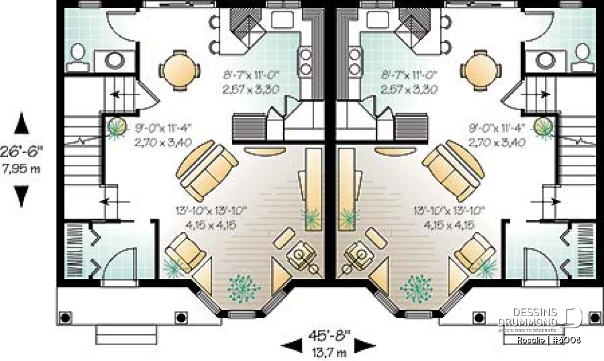 Rez-de-chaussée - Plan de semi-détaché à étage, 2 à 3 chambres, 2 s. de bain, style victorien, belle fenestration, garde-manger - Rosalie