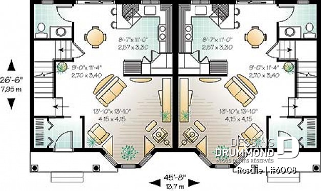 Rez-de-chaussée - Plan de semi-détaché à étage, 2 à 3 chambres, 2 s. de bain, style victorien, belle fenestration, garde-manger - Rosalie