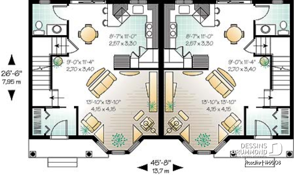 Rez-de-chaussée - Plan de semi-détaché à étage, 2 à 3 chambres, 2 s. de bain, style victorien, belle fenestration, garde-manger - Rosalie