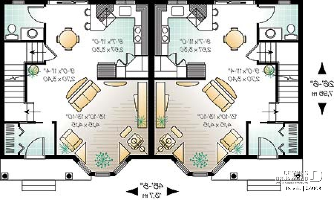 Rez-de-chaussée - Plan de semi-détaché à étage, 2 à 3 chambres, 2 s. de bain, style victorien, belle fenestration, garde-manger - Rosalie
