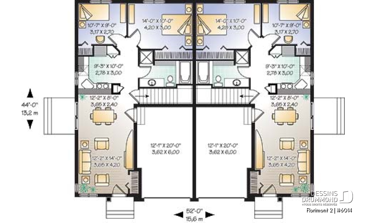 Rez-de-chaussée - Plan de jumelé avec garage, 2 chambres et sous-sol à aménager (non-fini), construction abordable - Florimont 2