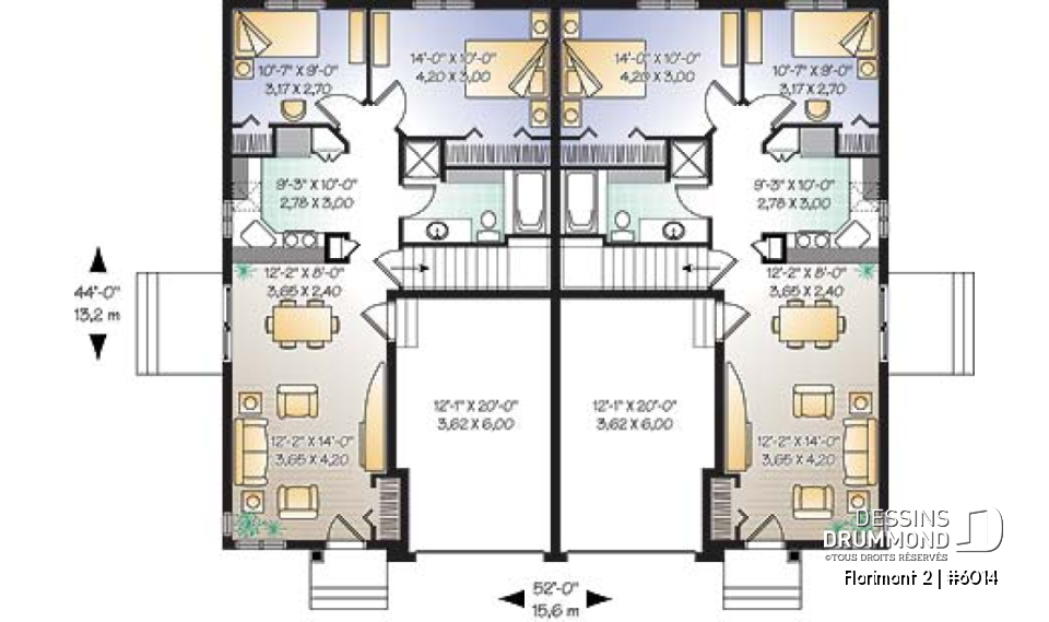 Rez-de-chaussée - Plan de jumelé avec garage, 2 chambres et sous-sol à aménager (non-fini), construction abordable - Florimont 2