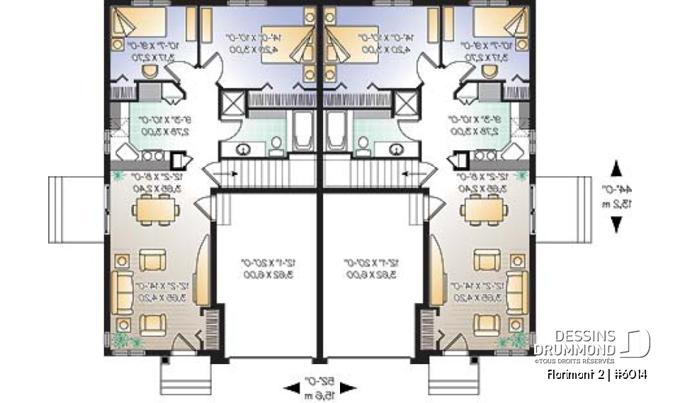 Rez-de-chaussée - Plan de jumelé avec garage, 2 chambres et sous-sol à aménager (non-fini), construction abordable - Florimont 2
