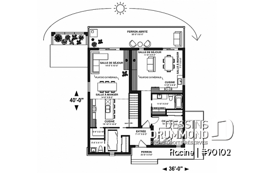 Rez-de-chaussée - Plan de maison bi-génération écologique, serre ou solarium, 3 chambres côté famille, terrasse abritée - Racine