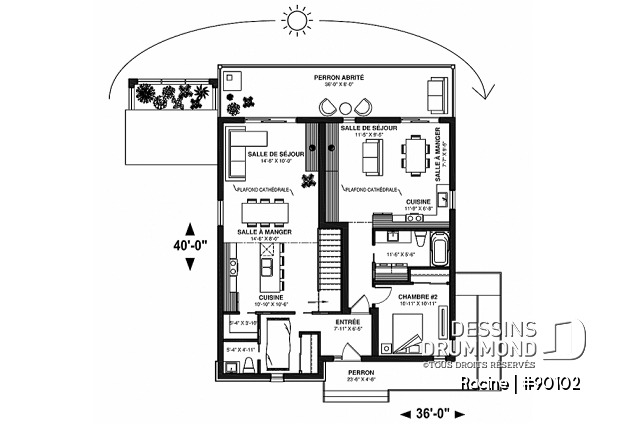Rez-de-chaussée - Plan de maison bi-génération écologique, serre ou solarium, 3 chambres côté famille, terrasse abritée - Racine