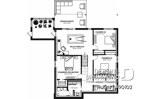 Sous-sol - Plan de maison bi-génération écologique, serre ou solarium, 3 chambres côté famille, terrasse abritée - Racine