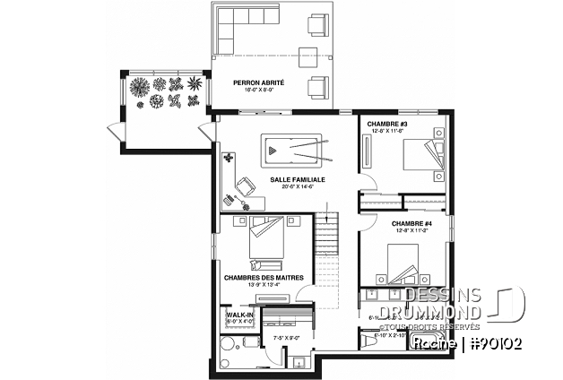 Sous-sol - Plan de maison bi-génération écologique, serre ou solarium, 3 chambres côté famille, terrasse abritée - Racine
