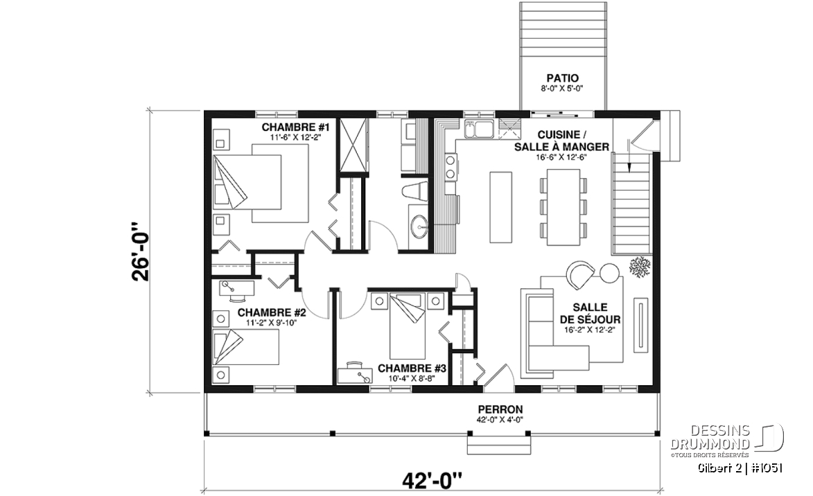 Rez-de-chaussée - Modèle maison économique 3 chambres au rez-de-chaussée, pratique pour jeunes familles - Gilbert 2
