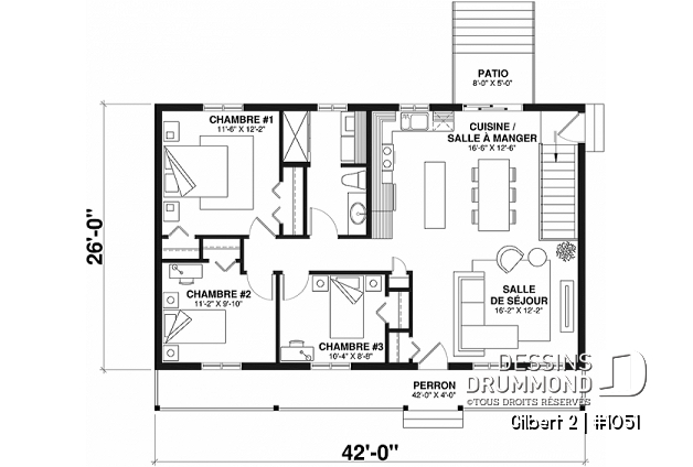 Rez-de-chaussée - Plan de plain-pied économique de 3 chambres avec grande salle de séjour, et coin buanderie au rez-de-chaussée - Gilbert 2