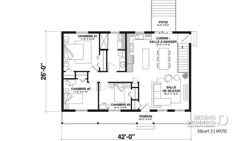 Rez-de-chaussée - Modèle maison économique 3 chambres au rez-de-chaussée, pratique pour jeunes familles - Gilbert 2