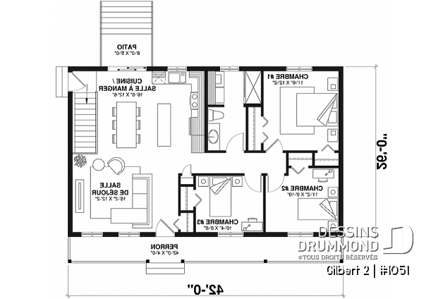 Rez-de-chaussée - Plan de plain-pied économique de 3 chambres avec grande salle de séjour, et coin buanderie au rez-de-chaussée - Gilbert 2
