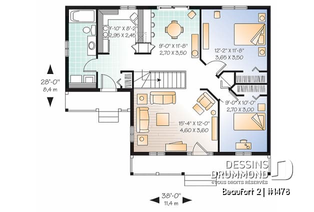 Rez-de-chaussée - Plan de maison style ranch, 2 chambres, comptoir-lunch à la cuisine, buanderie au rez-de-chaussée - Beaufort 2