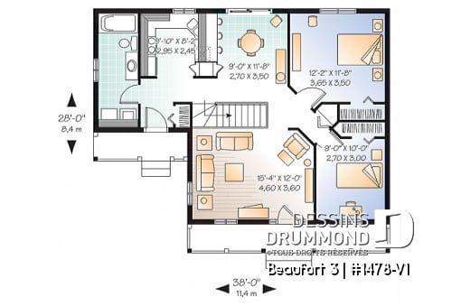 Rez-de-chaussée - Plan de maison style plain-pied canadien, 2 chambres, buanderie au r-d-c, grand salon, beaux balcons - Beaufort 3