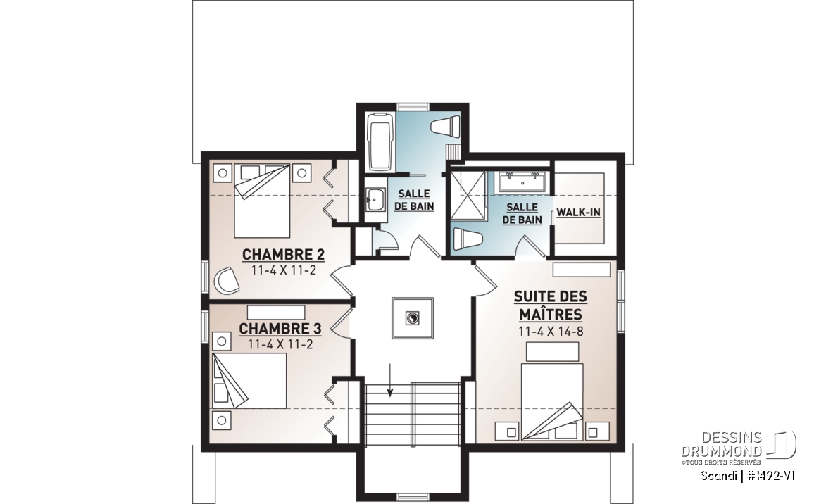 Étage - Plan de maison ou chalet scandinave moderne avec aire ouverte et lumière naturelle - Scandi