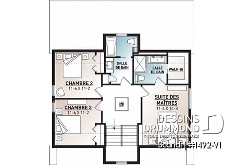 Étage - Plan de chalet Scandinave, 3 chambres, 2.5 salles de bain, grand balcon arrière abritée, foyer central - Scandi