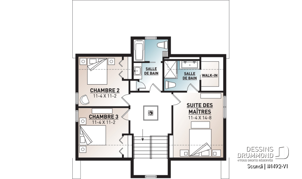 Étage - Plan de chalet Scandinave, 3 chambres, 2.5 salles de bain, grand balcon arrière abritée, foyer central - Scandi