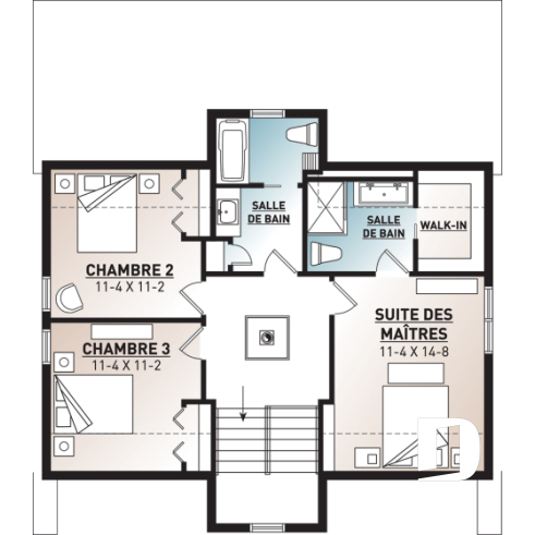 Étage - Plan de chalet Scandinave, 3 chambres, 2.5 salles de bain, grand balcon arrière abritée, foyer central - Scandi