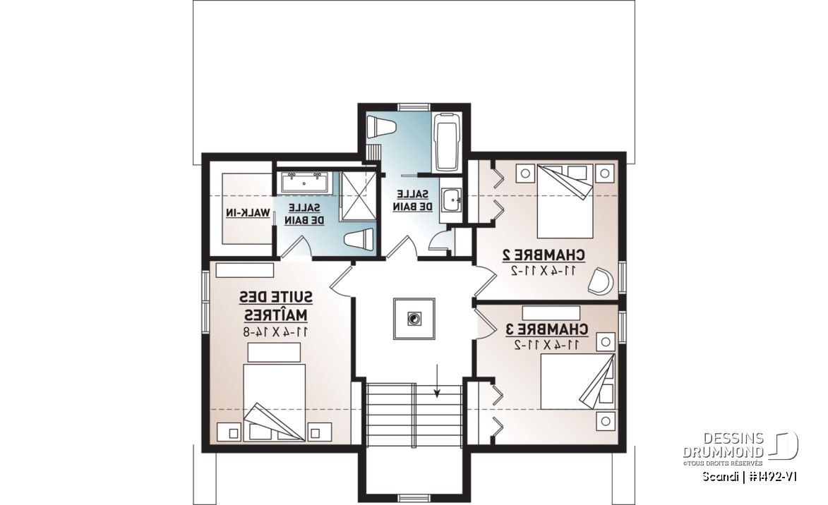 Étage - Plan de maison ou chalet scandinave moderne avec aire ouverte et lumière naturelle - Scandi