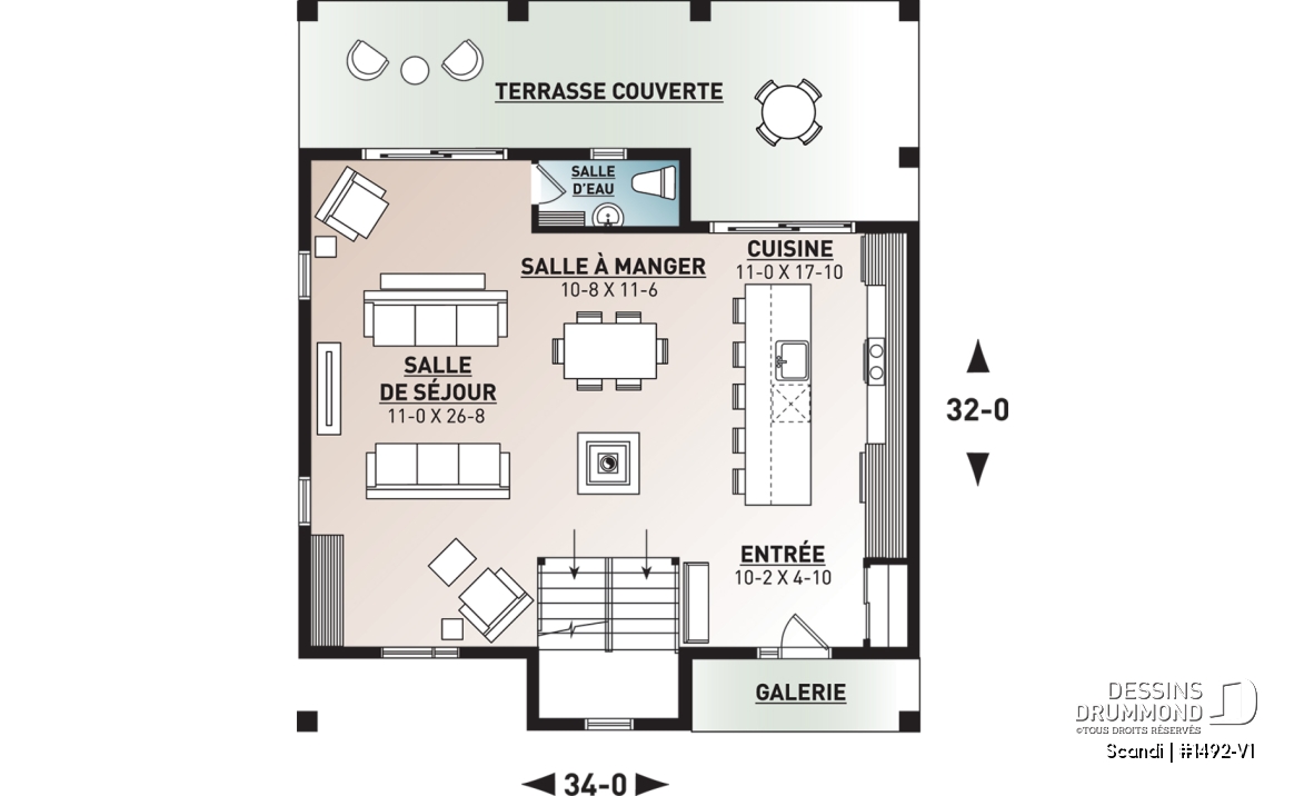Rez-de-chaussée - Plan de maison ou chalet scandinave moderne avec aire ouverte et lumière naturelle - Scandi